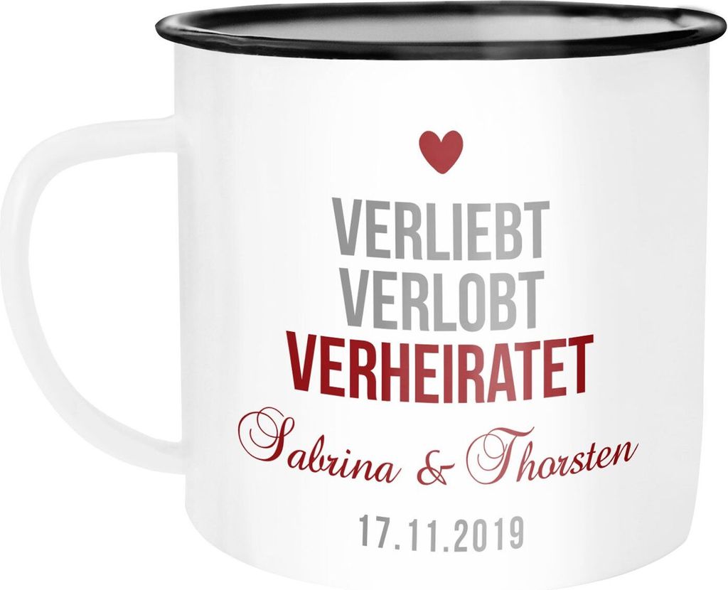 Emailletasse Becher Emaille mit Namen Datum verliebt verlobt verheiratet personalisierte Hochzeitsgeschenke SpecialMe weiß-schwarz Emailletasse