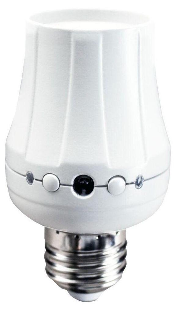 A white lamp socket with a dusk sensor and two buttons is shown against a white background.