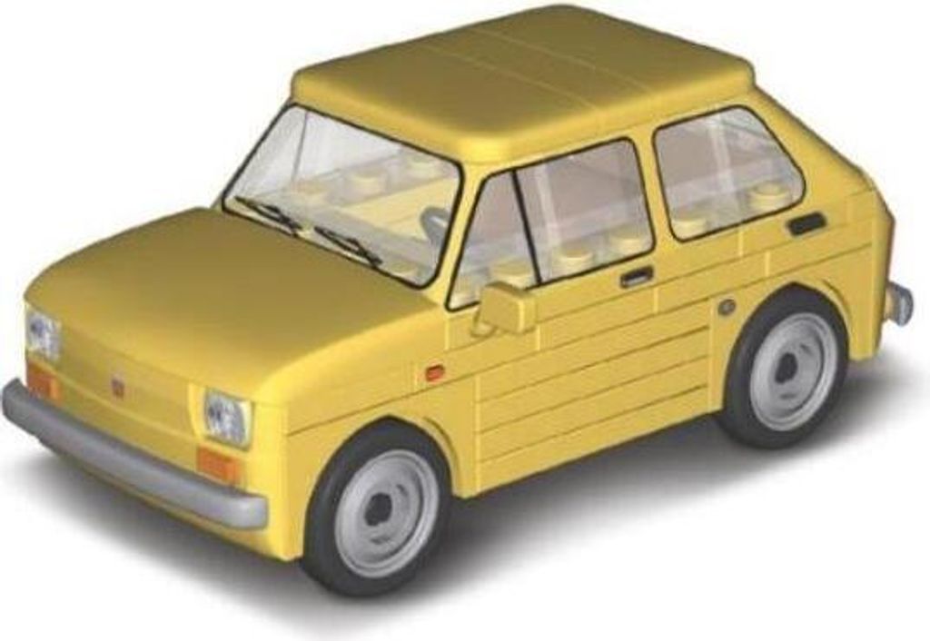 A yellow toy car, resembling a Fiat 126p, is shown from a three-quarter front angle against a white background.