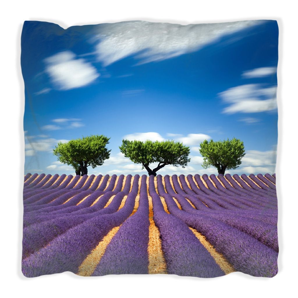 Wallario Premium Kissen, weiche Oberfläche, mit Motiv Abstraktes lila Blumenfeld mit Lavendel, Größe: 30 x 30 cm, mit weißer Rückseite
