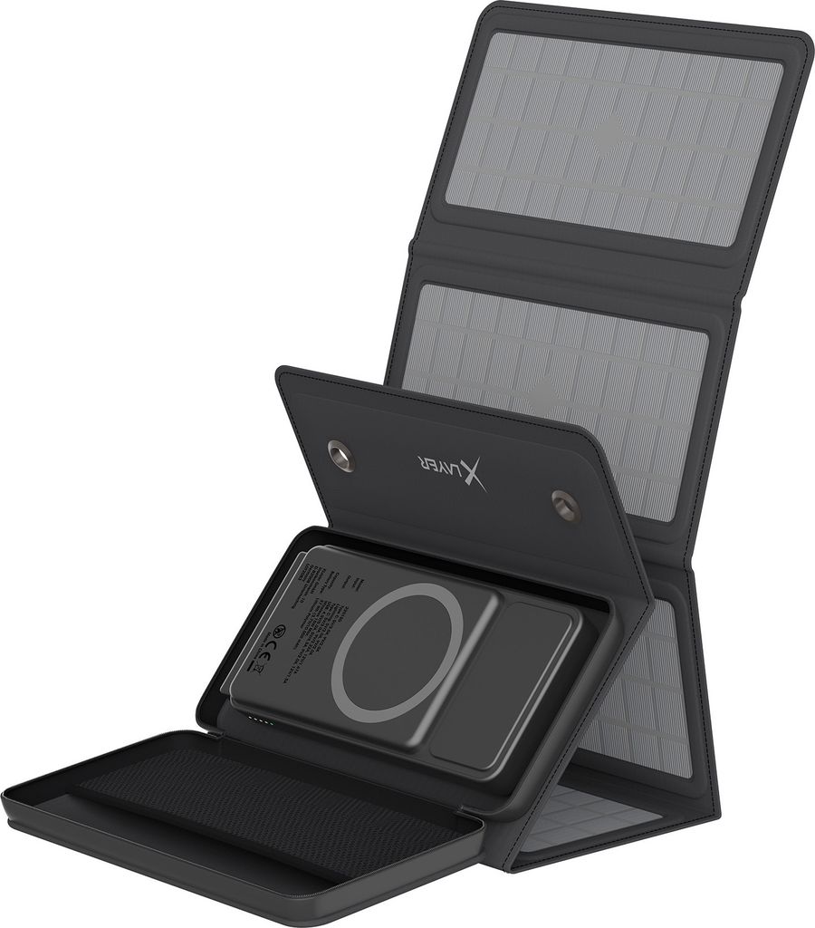 A black solar power bank with multiple panels, shown in an open, folded position against a white background.