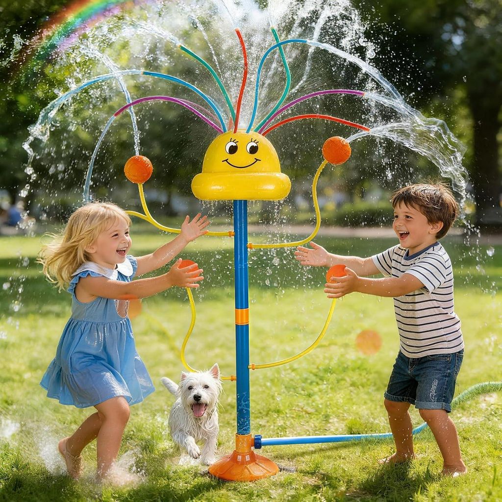 Bunter Rasensprenger Kinder mit 8 Wasserschläuchen, rotierendes Wasserspielzeug für Garten, Sommer & Outdoor Spaß