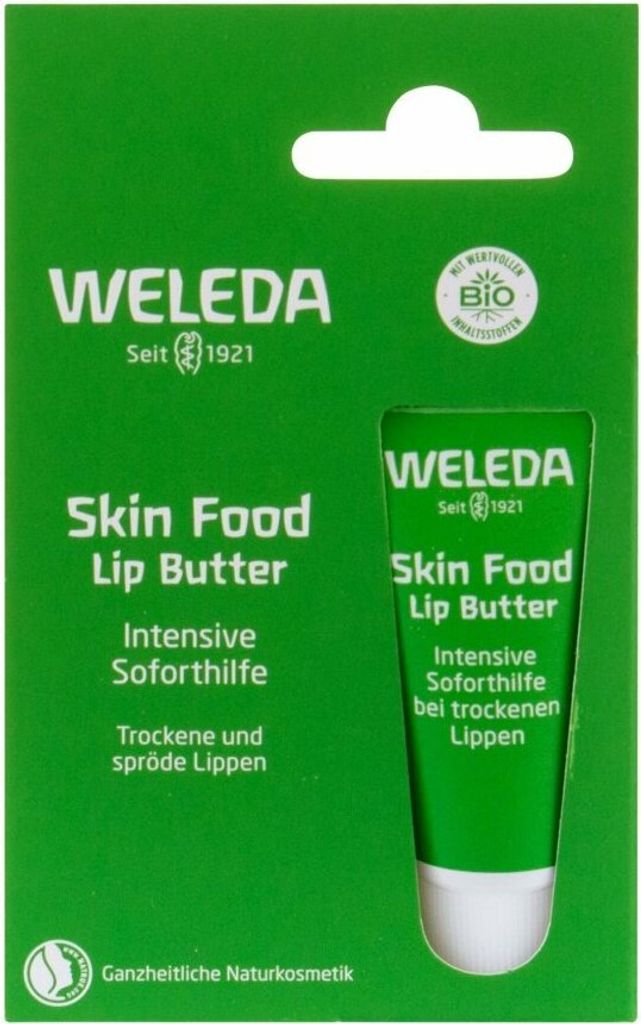 A green package for Weleda Skin Food Lip Butter, showing the product tube on the right.
