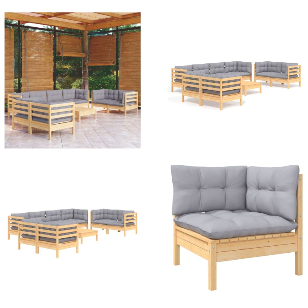 vidaXL 9 tlg. Garten Lounge Set mit Grauen Kissen Kiefer Massivholz - Garten-Lounge-Set - Garten-Lounge-Sets - Gartenmöbel-Set - Gartenmöbel-Sets