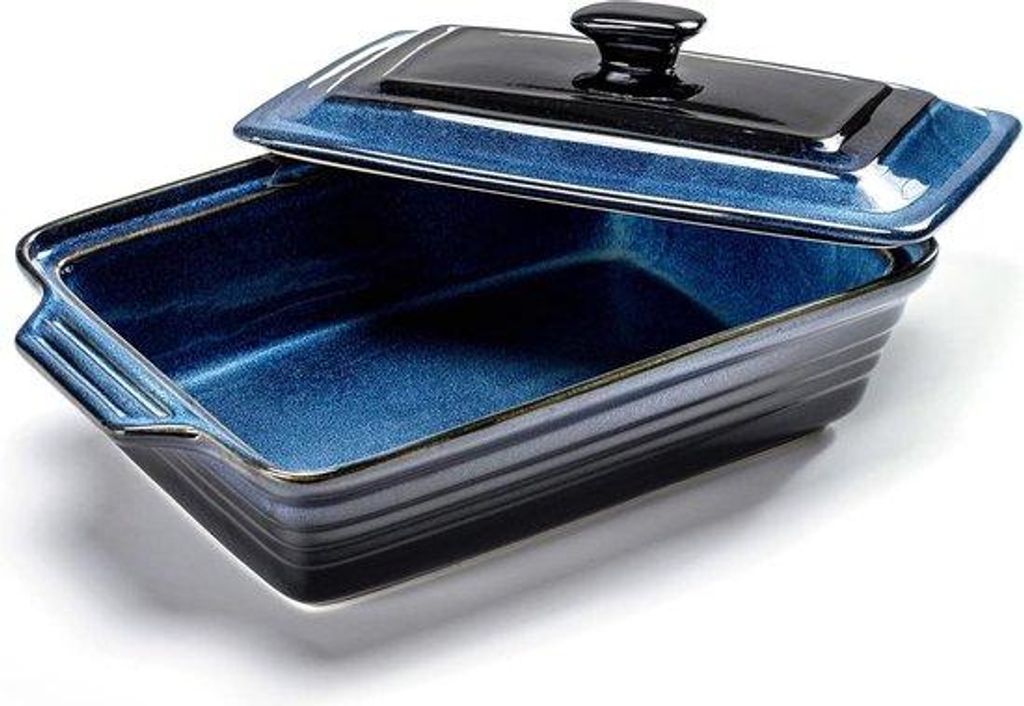 Keramische ovenschaal 3 L mit Deckel, braadschaal mit blauen, reaktiven Glanz, groß, für Lasagne.