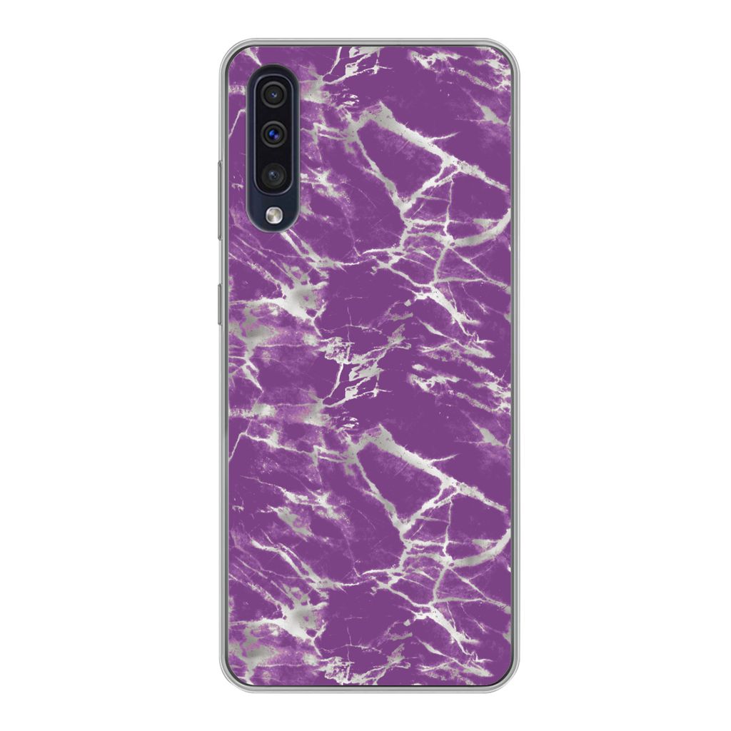 MuchoWow Handyhülle Schutzhülle Hülle für Samsung Galaxy A30s Violett - Weiß - Marmor - Muster Silikon Softcase Handy Hülle - Karteninhaber