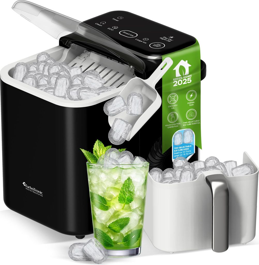 An ice cube maker with a glass of mojito and a separate ice bucket.