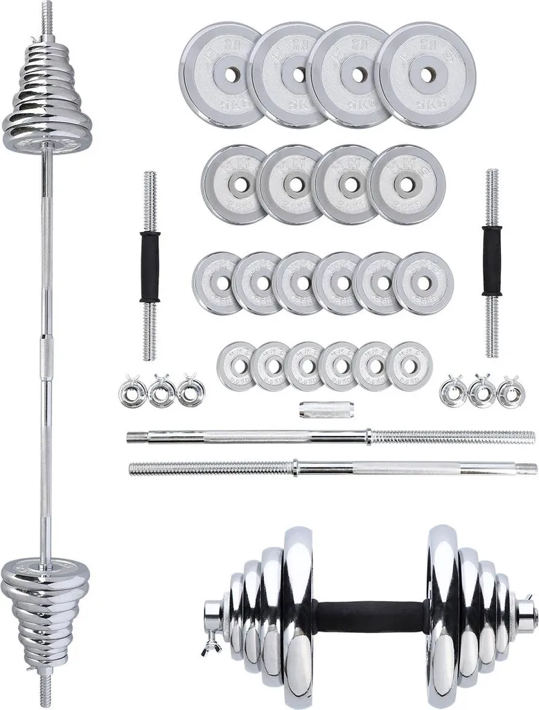 Kit haltères et barres de musculation 50 kg en acier chromé brillant