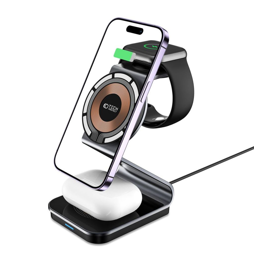 A 3-in-1 wireless charging stand for a smartphone, smartwatch, and earbuds, shown on a white background.