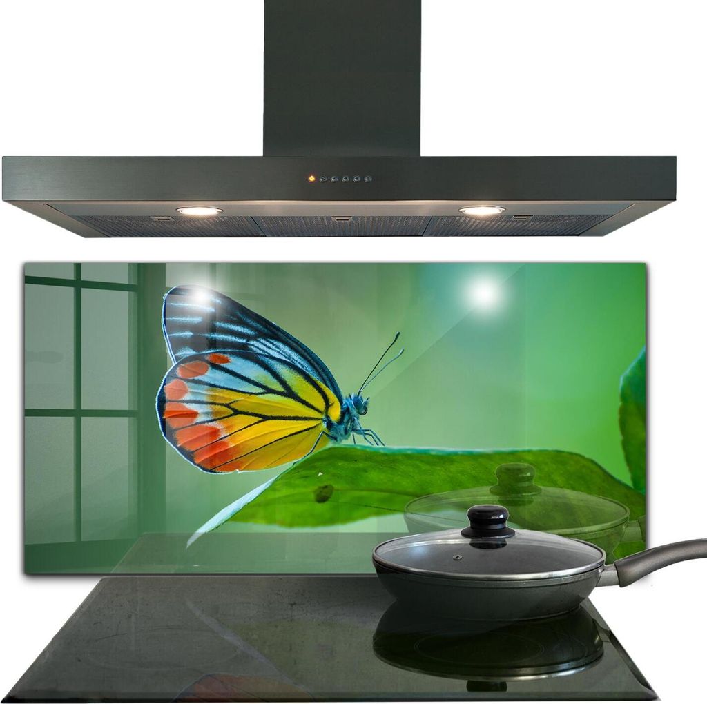 Spritzschutz aus Glas Küchenrückwand - Wandschutz für Herd und Spüle - 140x70 cm - Schmetterling auf einem Blatt ruhend