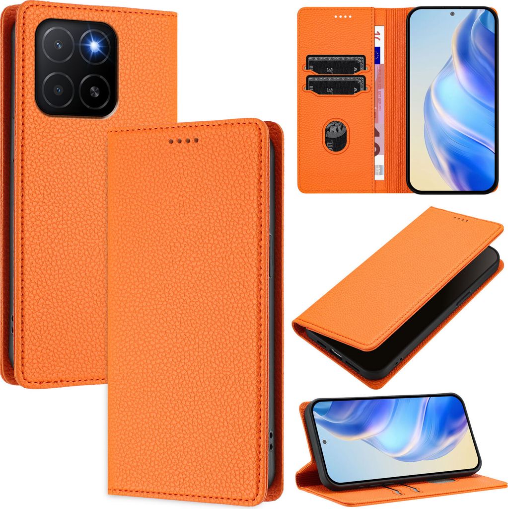 Litchi Leder Handyhülle für Honor X5b/Honor X5b Plus Wallet Kartenfächer Standfunktion Hülle Orange