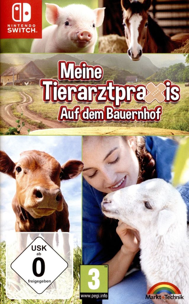 A collage of images featuring farm animals and a woman, with game title text overlayed.
