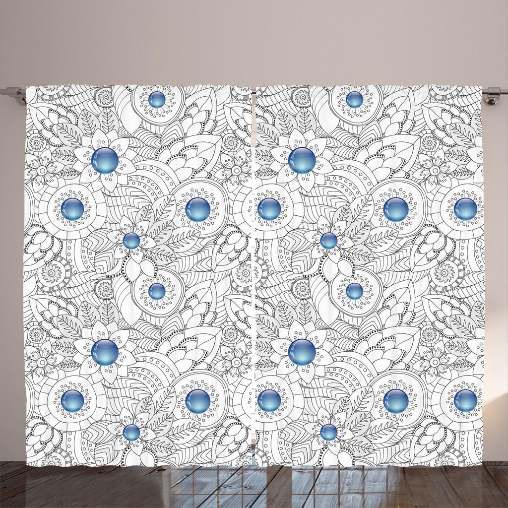ARANDE Blumen Gardine, Dekorative Hand gezeichnete Blumen und Blätter-blaue Punkt-Gekritzel-Muster-abstrakte Kunst, 280 x 175 cm, Schwarz Weiß Blau