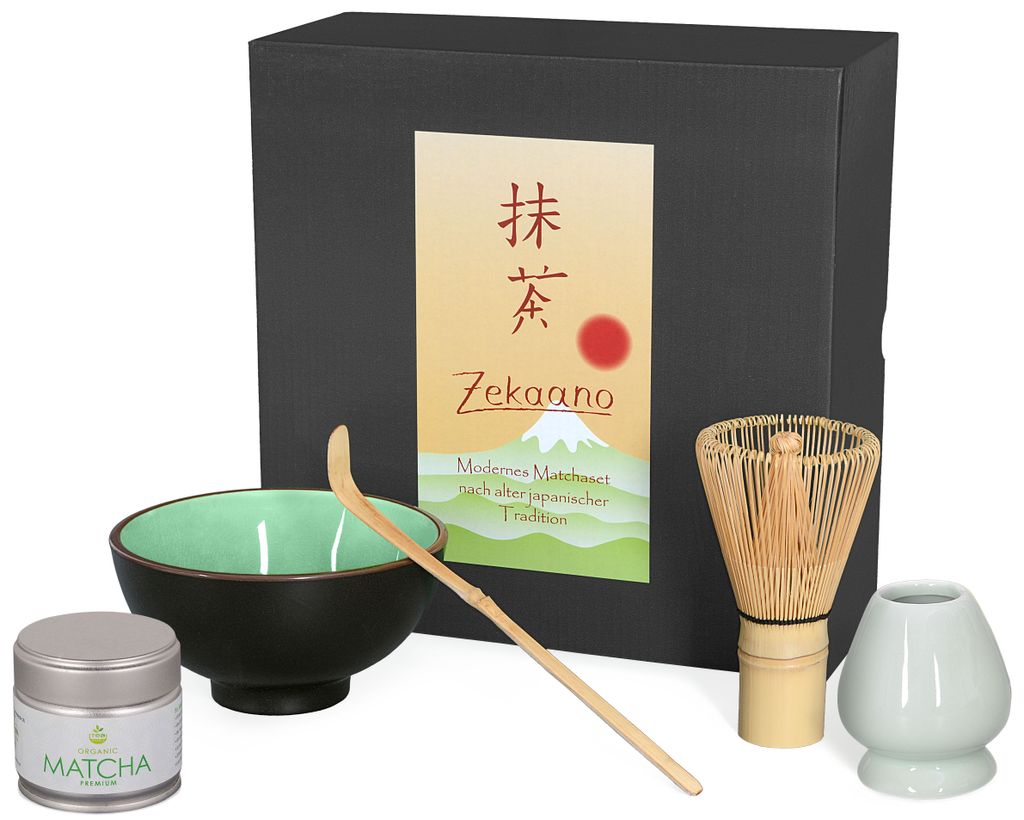 Matcha Set / Matchaset / Matcha Schale 250ml moosgrün mit Besen/Löffel/Halter/Tee in Geschenkbox
