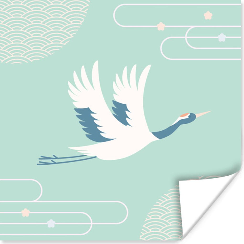 MuchoWow Poster Illustration eines chinesischen Kranichs vor einem blauen Hintergrund 100x100 cm - Babyzimmer
