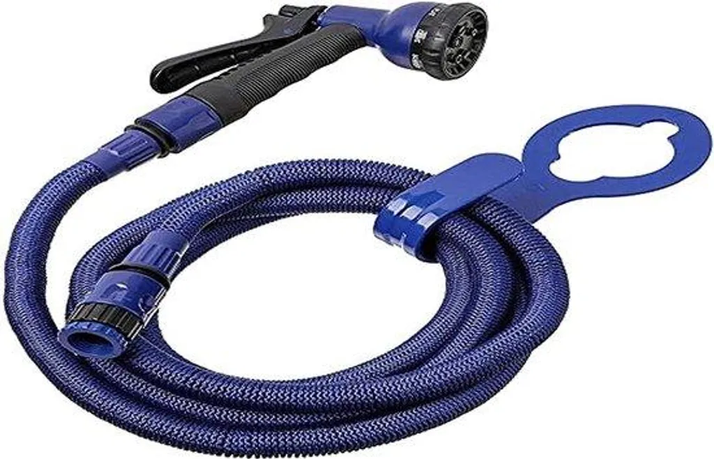 Tuyau d'arrosage flexible 7,5m bleu avec pistolet 8 jets universel