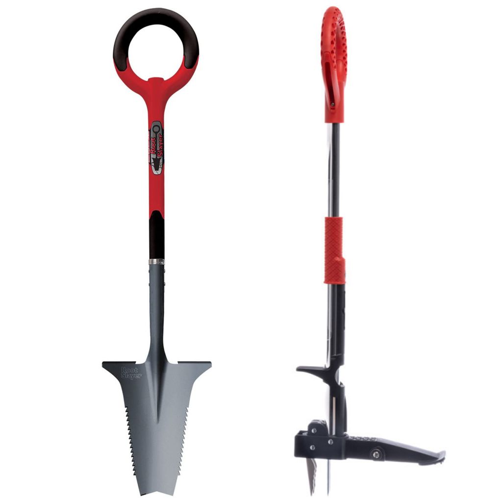 Root Slayer Set Wurzelspaten + Unkrautentferner mit Stiel, ergonomisch & robust, Spaten & Schaufel mit Schneidspitze & Wurzelsäge, rot