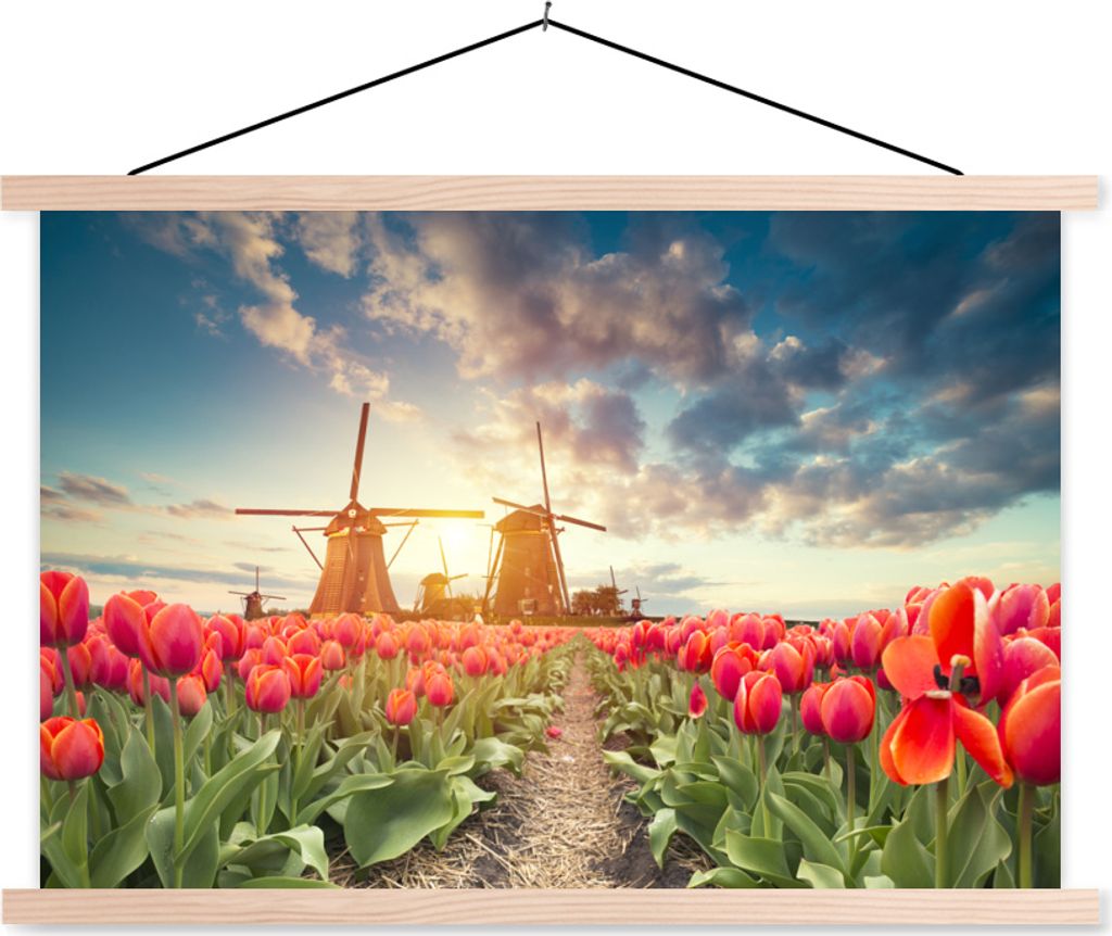 MuchoWow Textilposter Windmühle - Blumen - Sonne 60x40 cm mit holzfarbenen Rahmen - Bilder