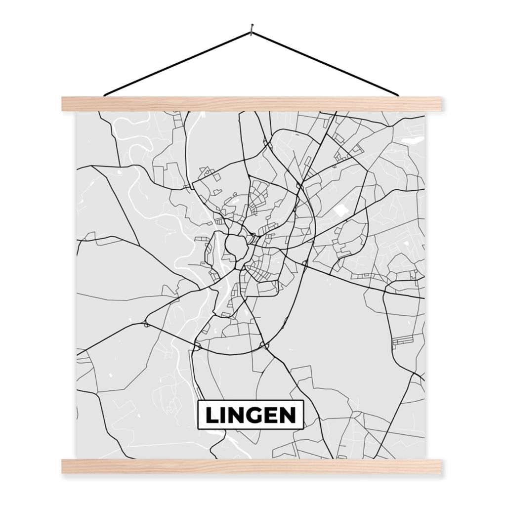 MuchoWow Textilposter Karte - Deutschland - Lingen - Karte - Stadtplan 60x60 cm mit holzfarbenen Rahmen - Wanddekoration