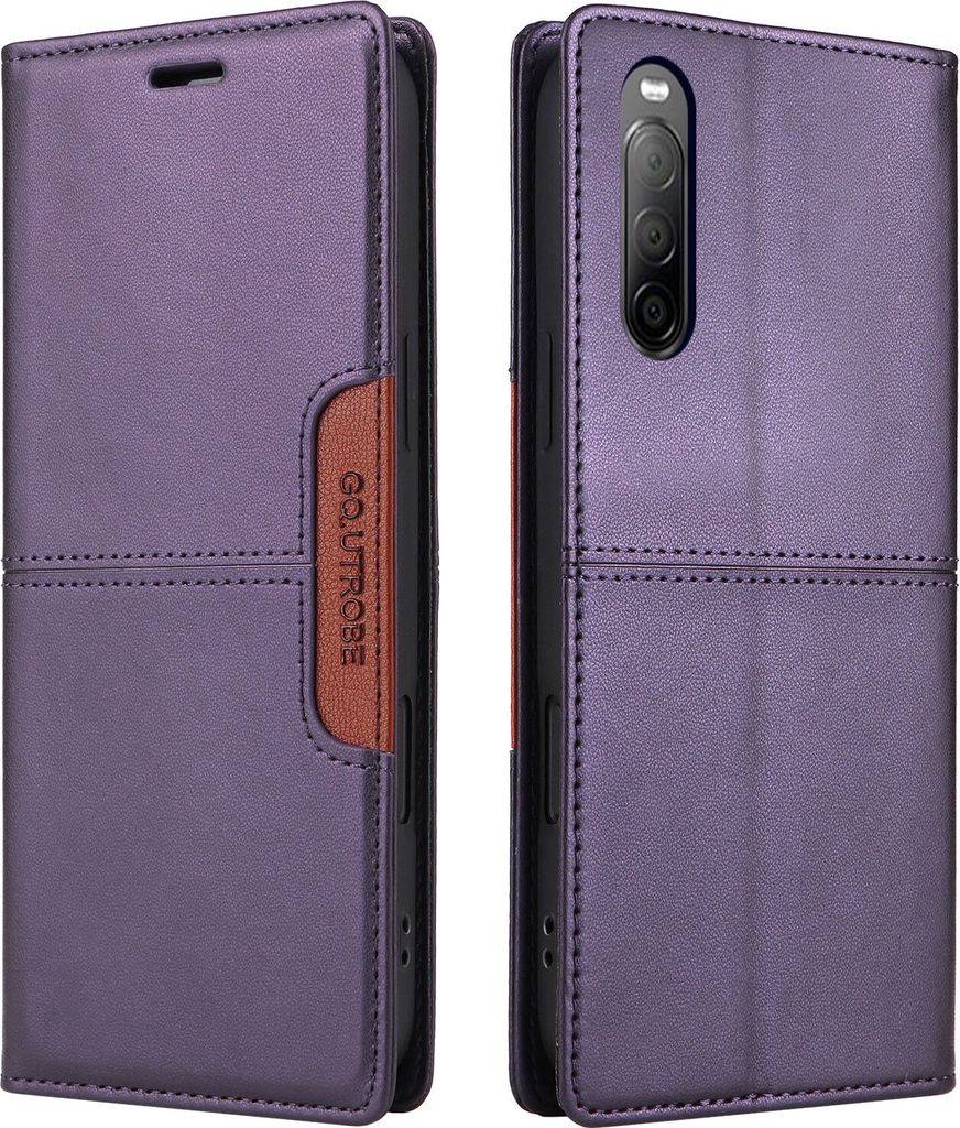 A purple flip wallet phone case for a Sony Xperia 10 II is shown from two angles.