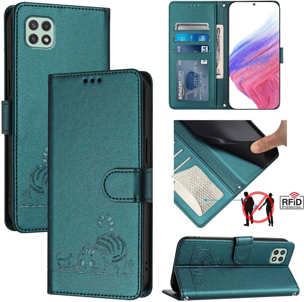 Leder Hülle für Samsung Galaxy A22 5G / F42 5G Süße Katze Flip Case Brieftasche Schutzhülle mit Standfunktion Grün