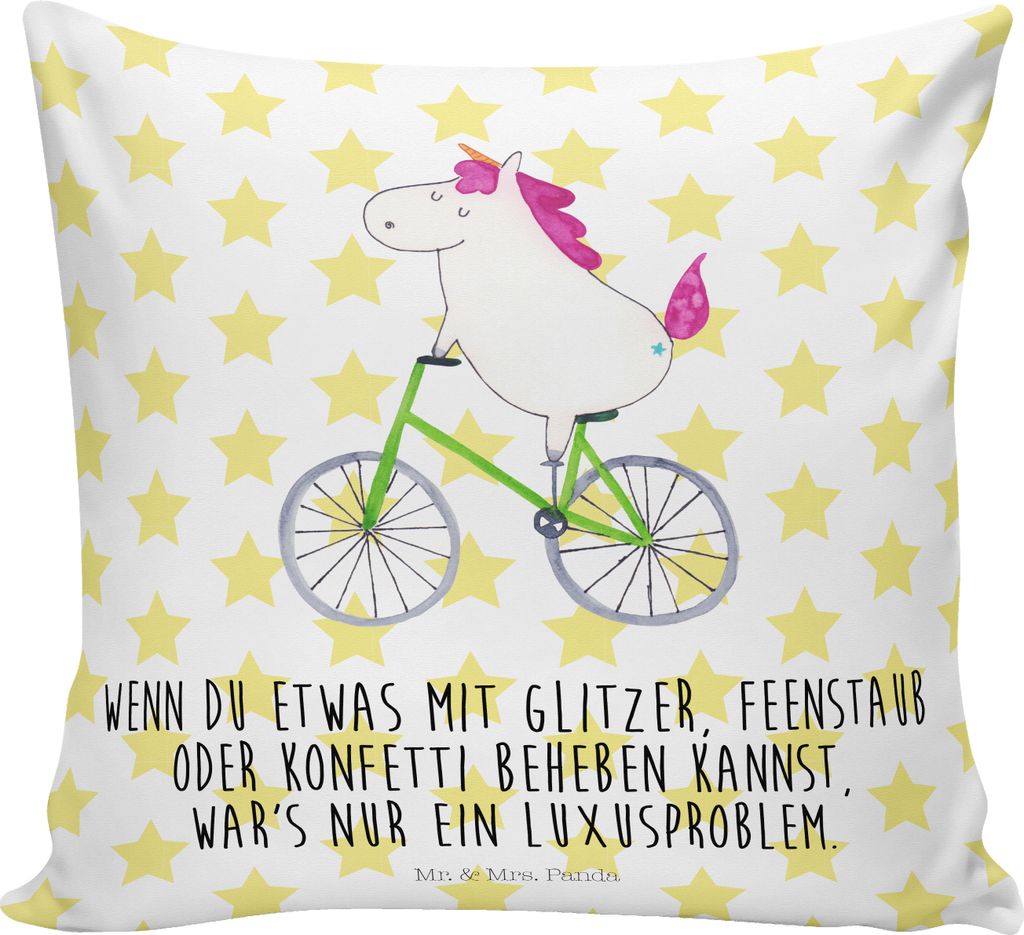 Mr. & Mrs. Panda Deko Kissen Einhorn Radfahrer - Weiß - Geschenk, Bike, 40x40, Rad, bedruckt, Kuschel, Sofakissen, Unicorn, Dekokissen, Einhörner...