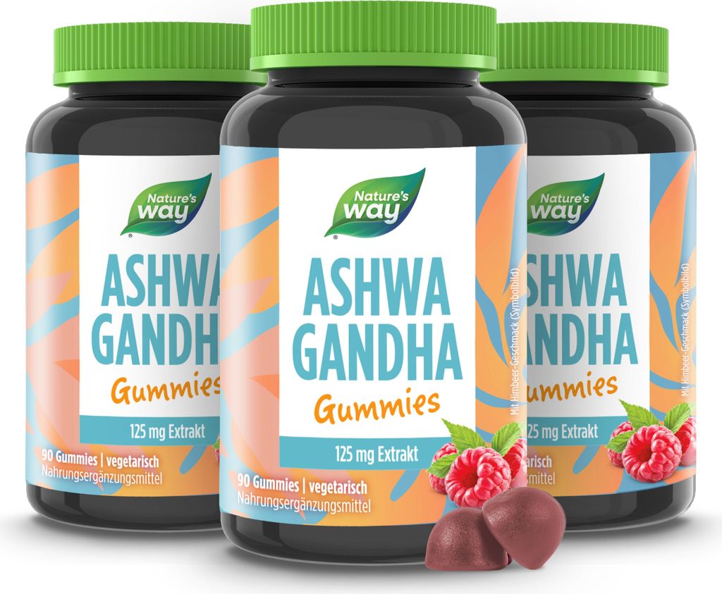 Ashwagandha Gummies I 125 mg hochwertiger Ashwagandha-Extrakt I Himbeer-Geschmack I vegetarisch I 90 Stk – 3 Dosen