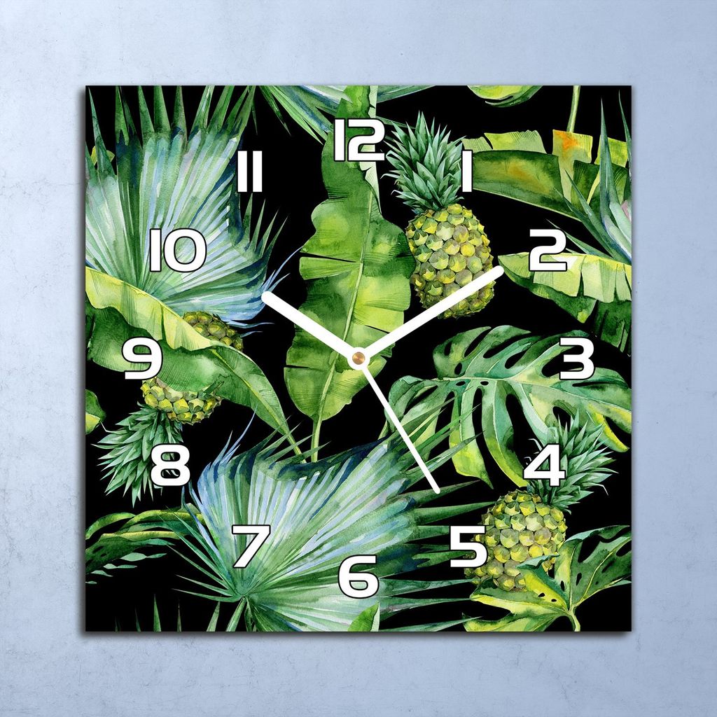 Deko Glasuhr Wanduhr 30x30 Ananas und Blätter Quarz Küchenuhr Bürouhr