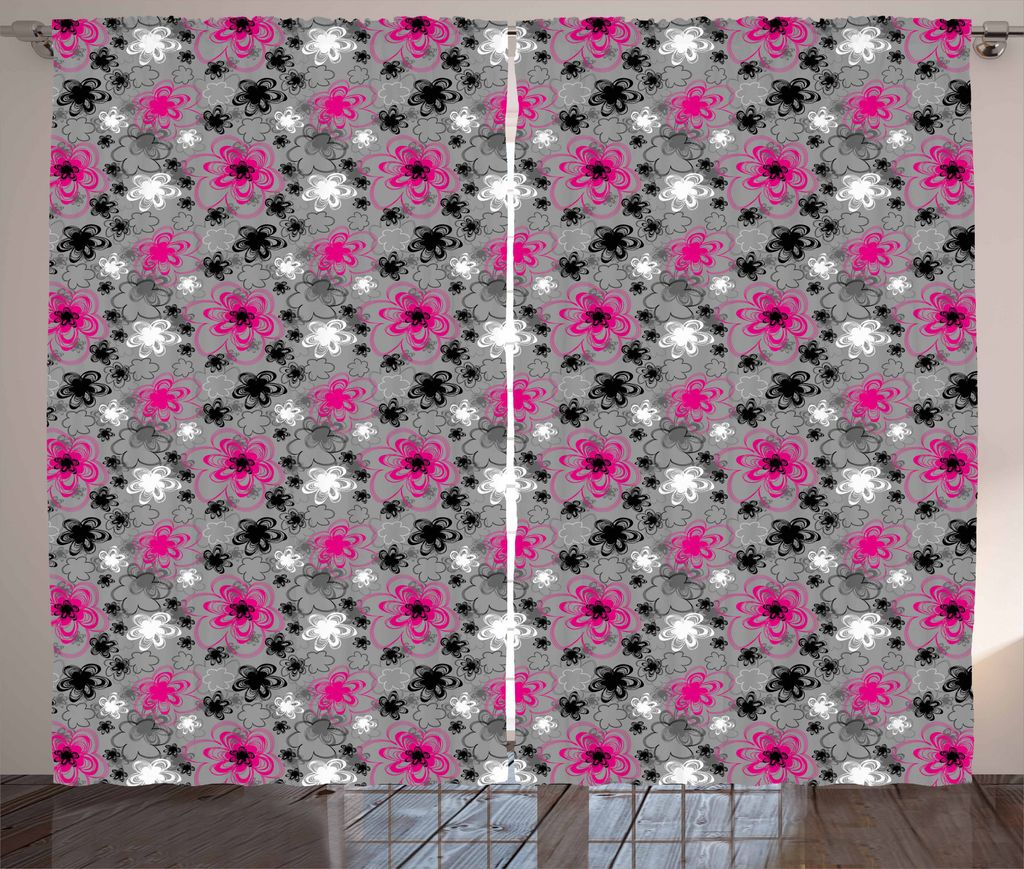 ABAKUHAUS Vintage Blumen Rustikaler Vorhang, Antike Blüten, Wohnzimmer Universalband Gardinen mit Schlaufen und Haken, 280 x 225 cm, Pink Schwarz ...