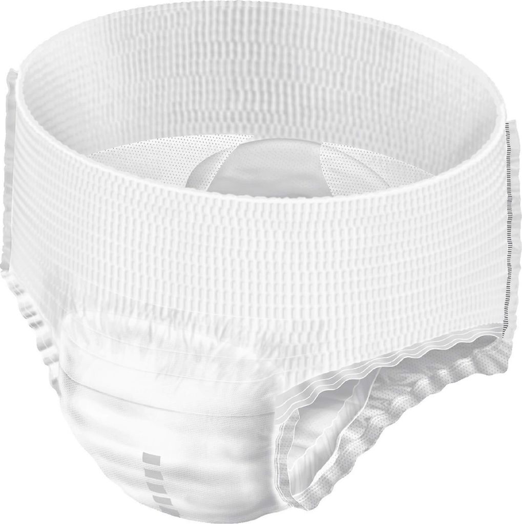 A close-up, studio shot of a disposable incontinence product against a white background.