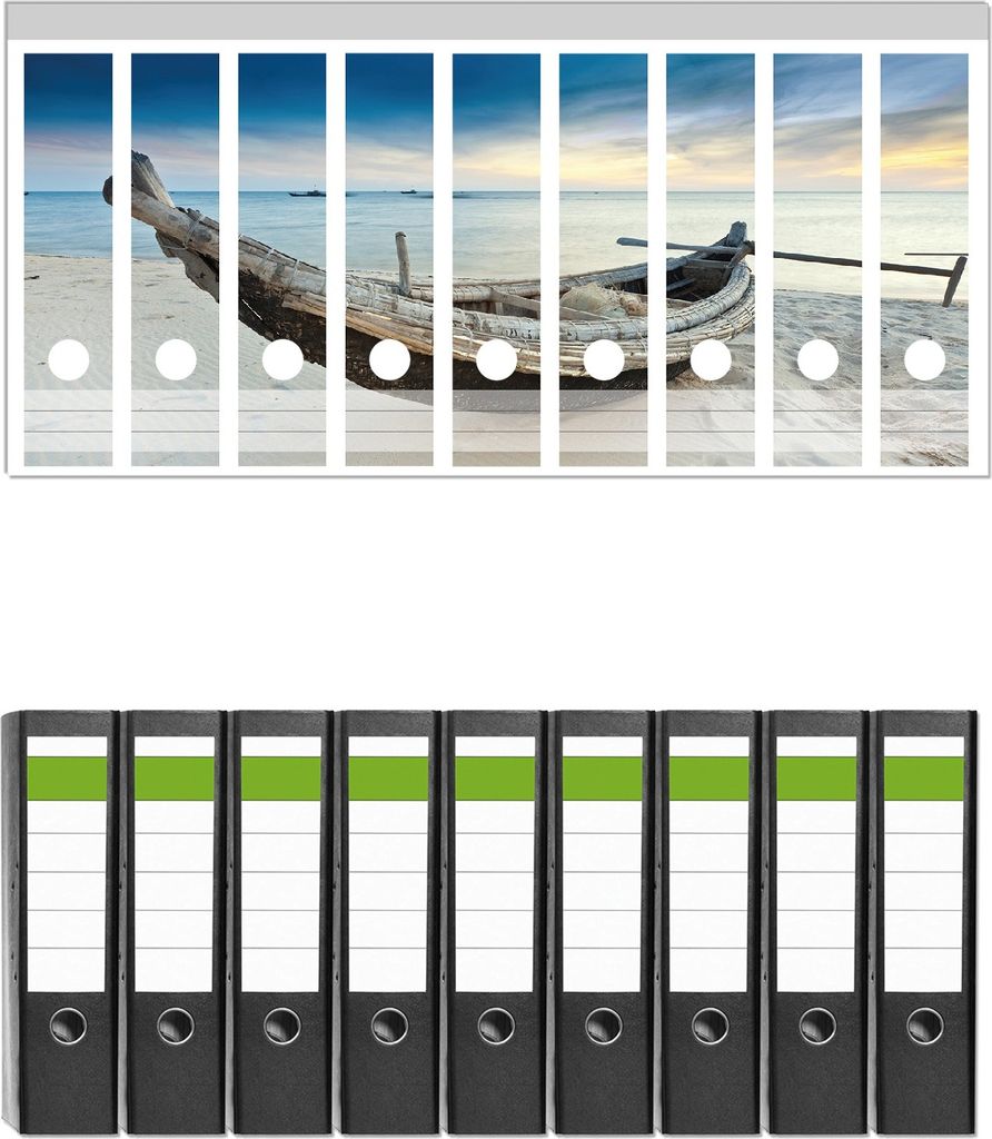 Wallario 9 Stück breite Ordner inkl. Klebeetiketten mit Motive Fischerboot am Strand mit Sonnenuntergang - Set mit Rückenschildern / Ordnerrücke...