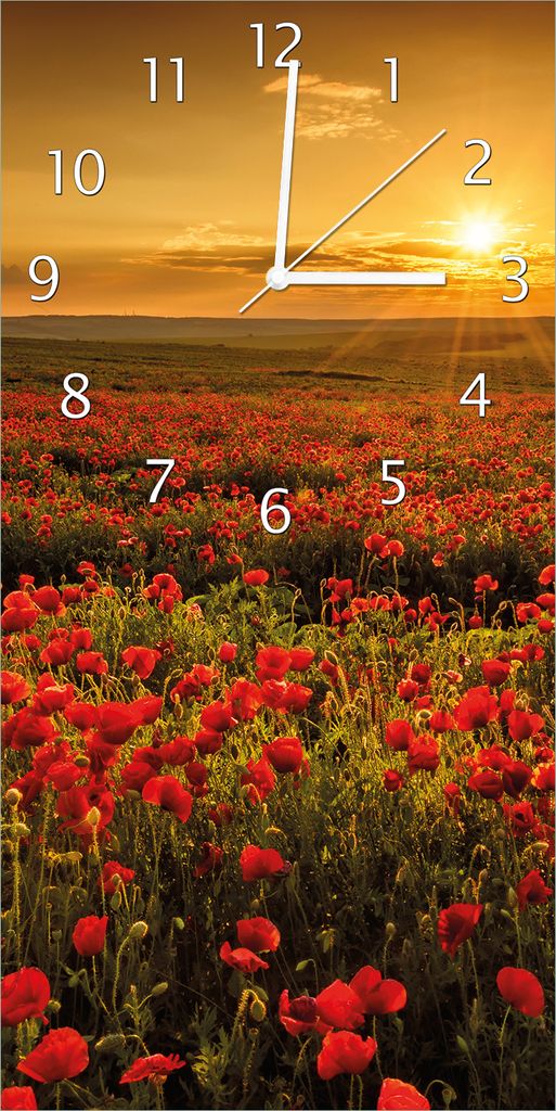 Wallario Design Wanduhr Mohnblumenwiese bei Sonnenuntergang am Abend aus Echtglas, Größe 30 x 60 cm