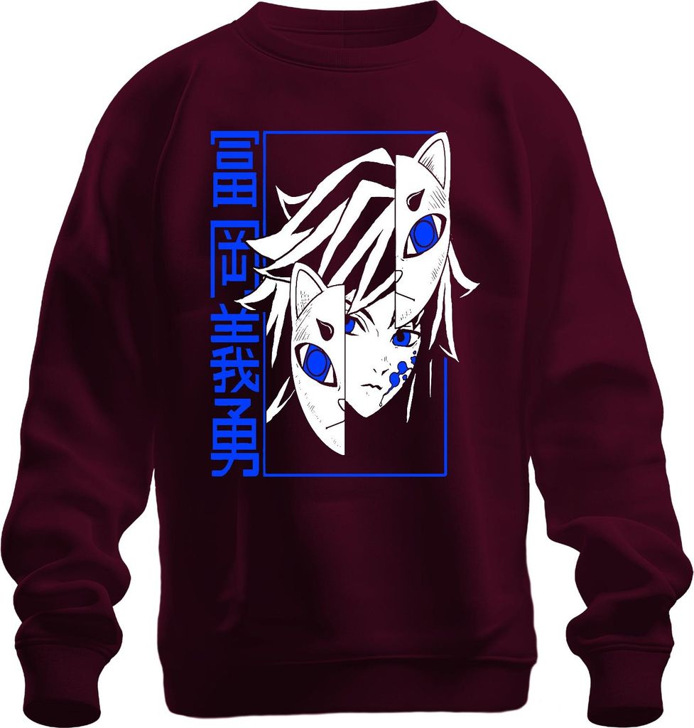 Kitsune Anime Halbgesicht Blauauge Japan Manga düster Geschenk Uni Sweatshirt Pullover, Burgundy, XL