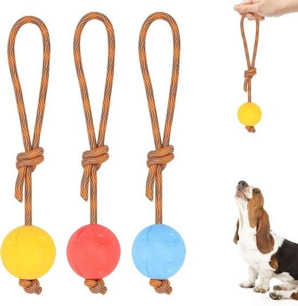 Lot de 3 balles avec cordon pour chien - Jouet de traction et de lancer