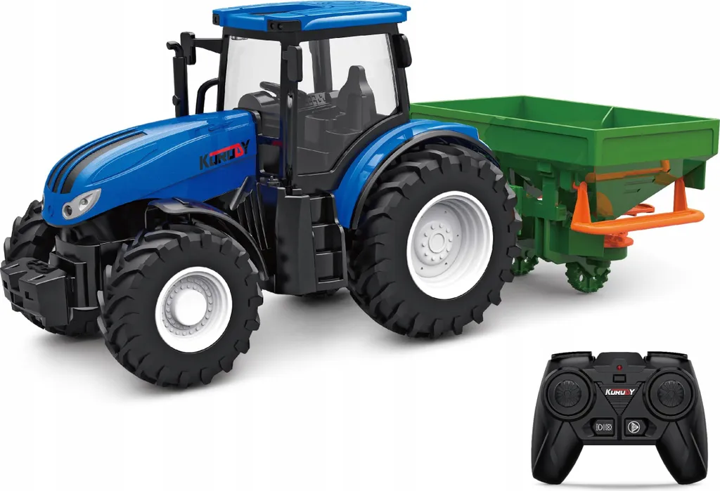Occupez vos enfants avec ce tracteur télécommandé bleu et son semoir