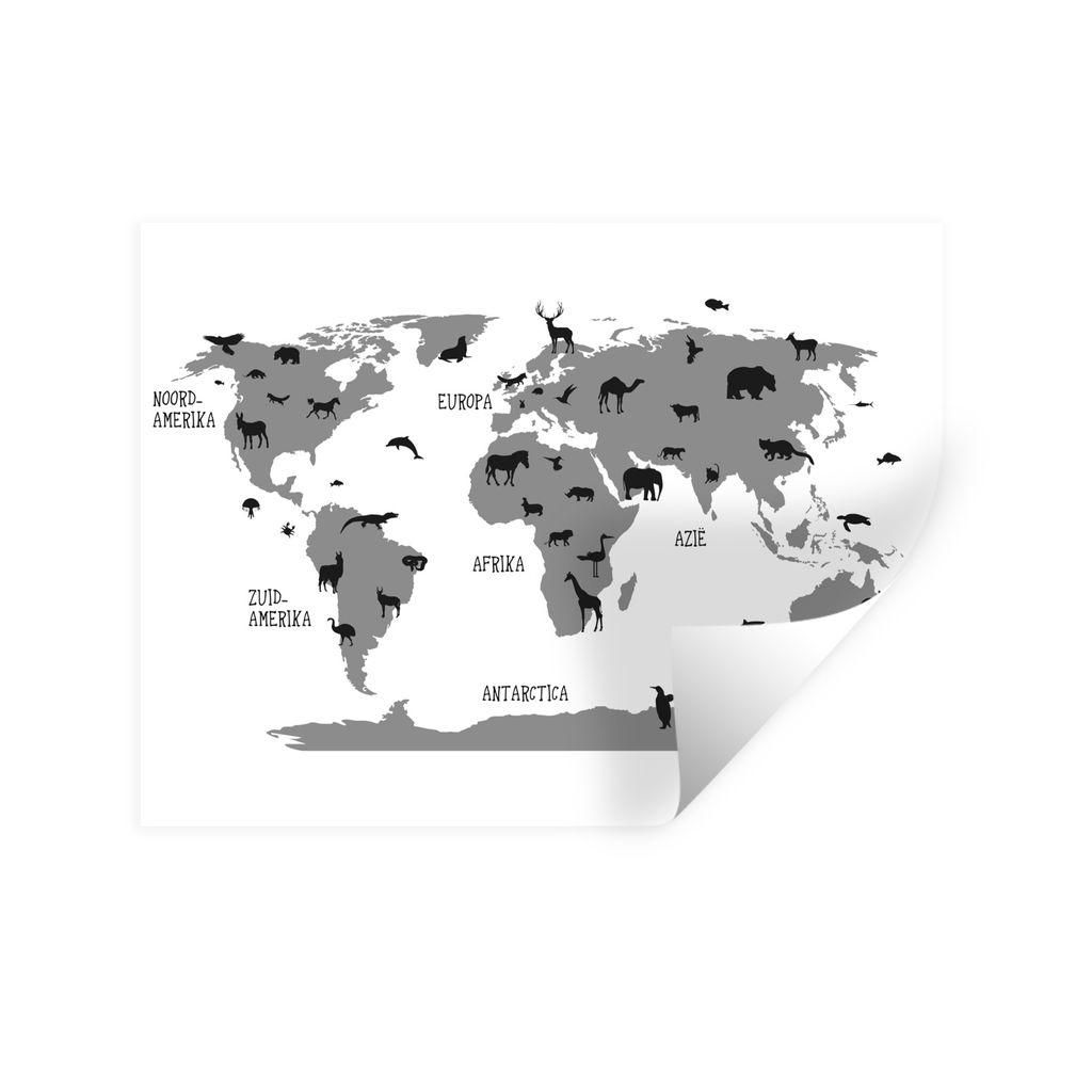 MuchoWow Wandtattoo Wandsticker Wandaufkleber Weltkarte Kinderzimmer Tiere - schwarz und weiß 80x60 cm Selbstklebend und Repositionierbar - Falt...