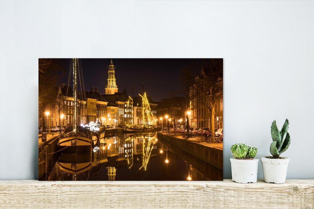 MuchoWow Wanddekoration Metall Metallbild Wandkunst 30x20 cm Groningen - Nacht - Lichter MuchoWow Aluminium Gemälde - Aluminiumgemälder