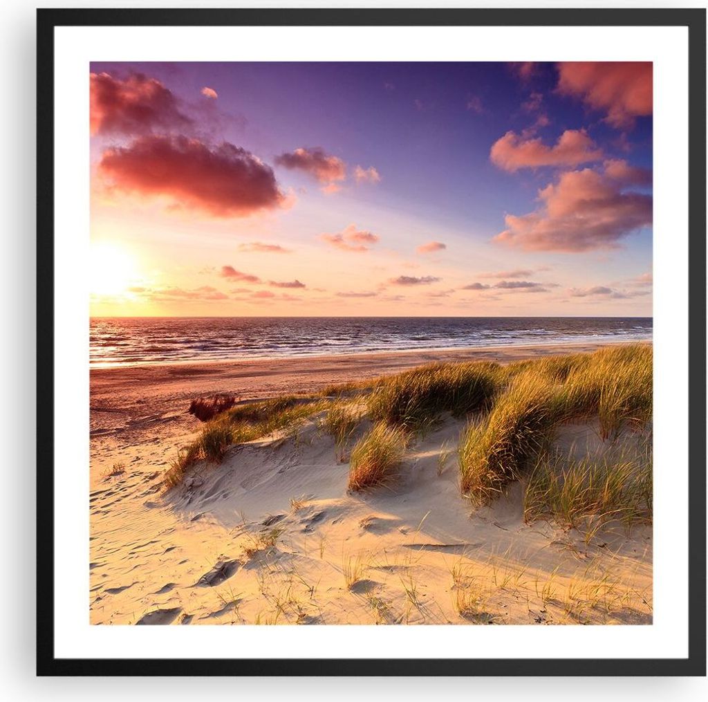 Gerahmtes Poster - Schwarzer Rahmen - Meer Strand Düne - 60x60 cm - Wand Bild - Wanddeko - Wandbilder - Kunstposter - Wandposter - Bilderrahmen - ...