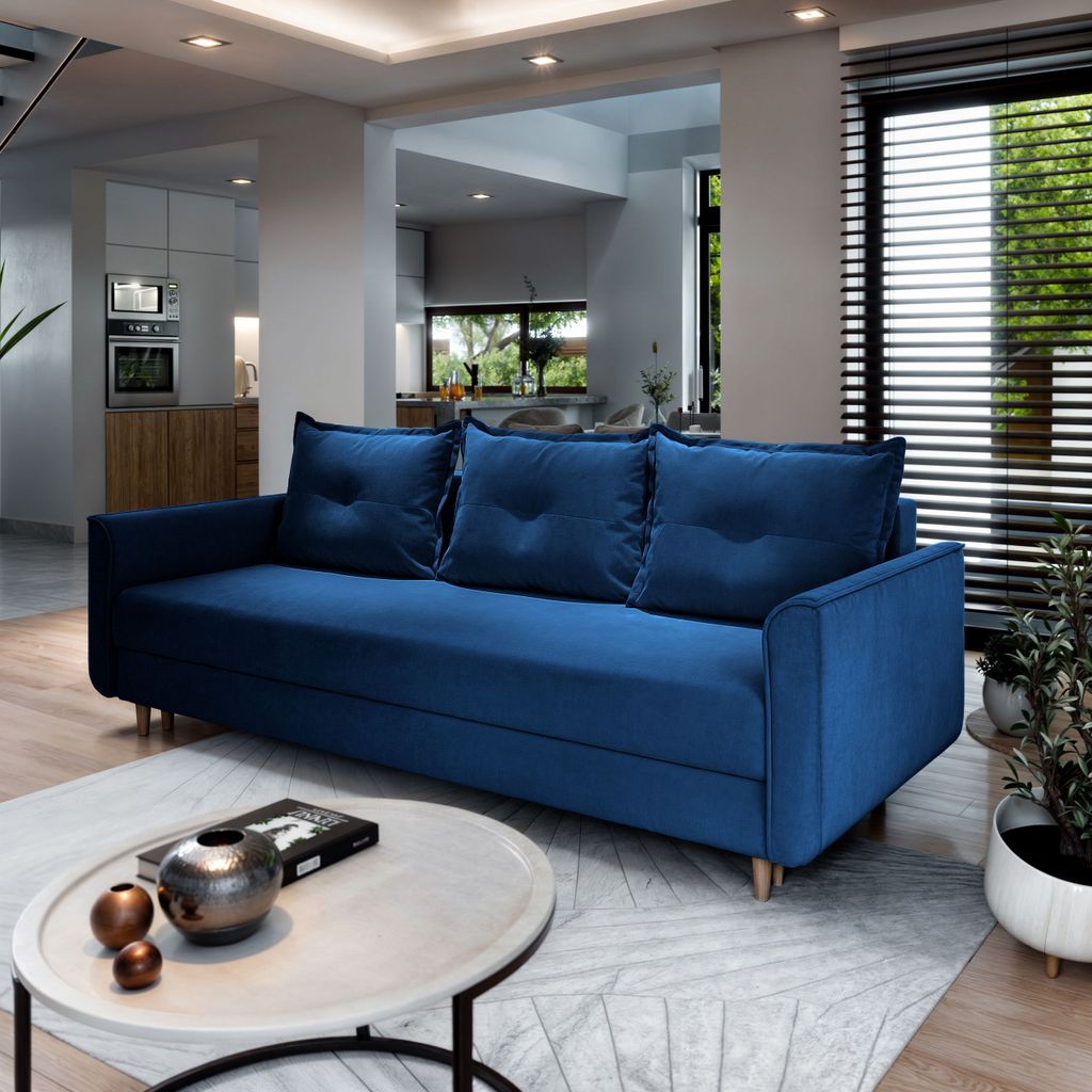 Sofa NAPOL Blau Plüsch-Stoff mit Schlaffunktion, Sofa mit Bettkasten, Sofa mit Bettkasten, Wohnzimmersofa, Couch, Soffa, Bettsofa, Couchgarnitur- ...