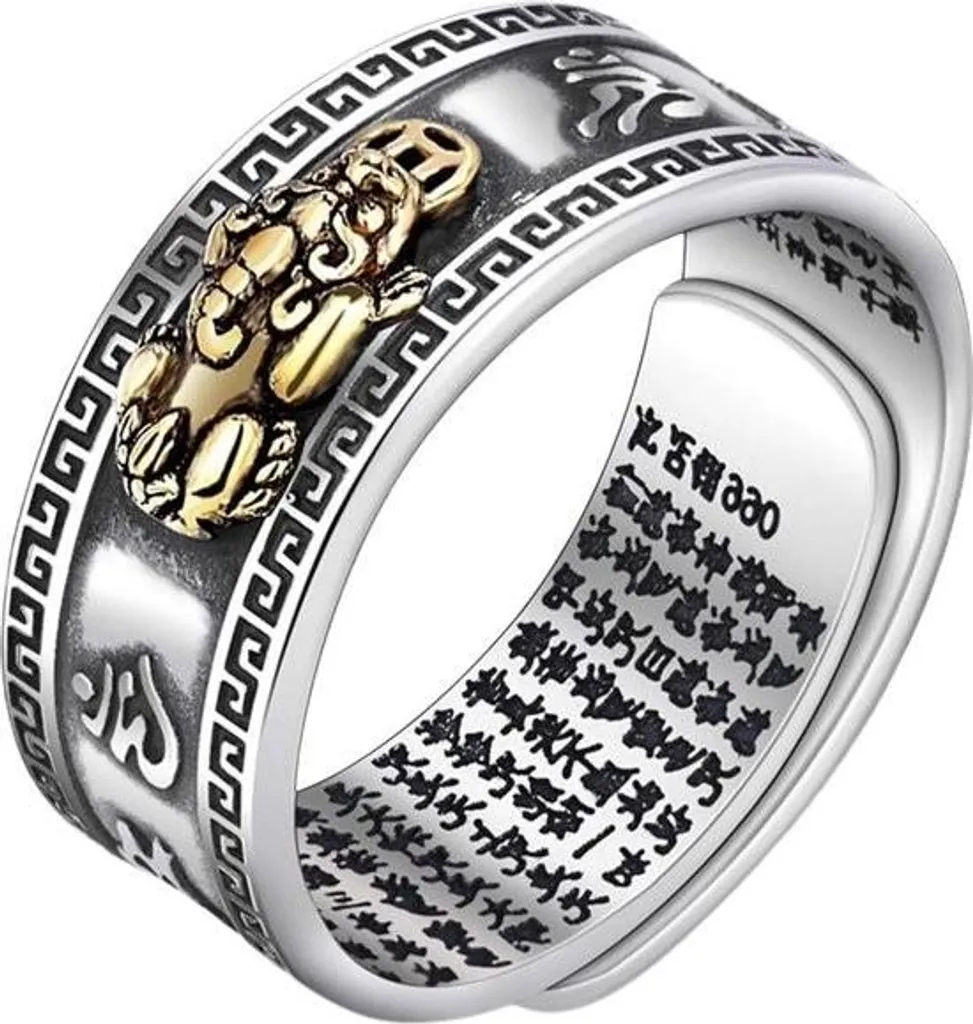 Bague Bouddhiste Argentée PiXiu et Cœur Sutra - Bijou Feng Shui Mixte