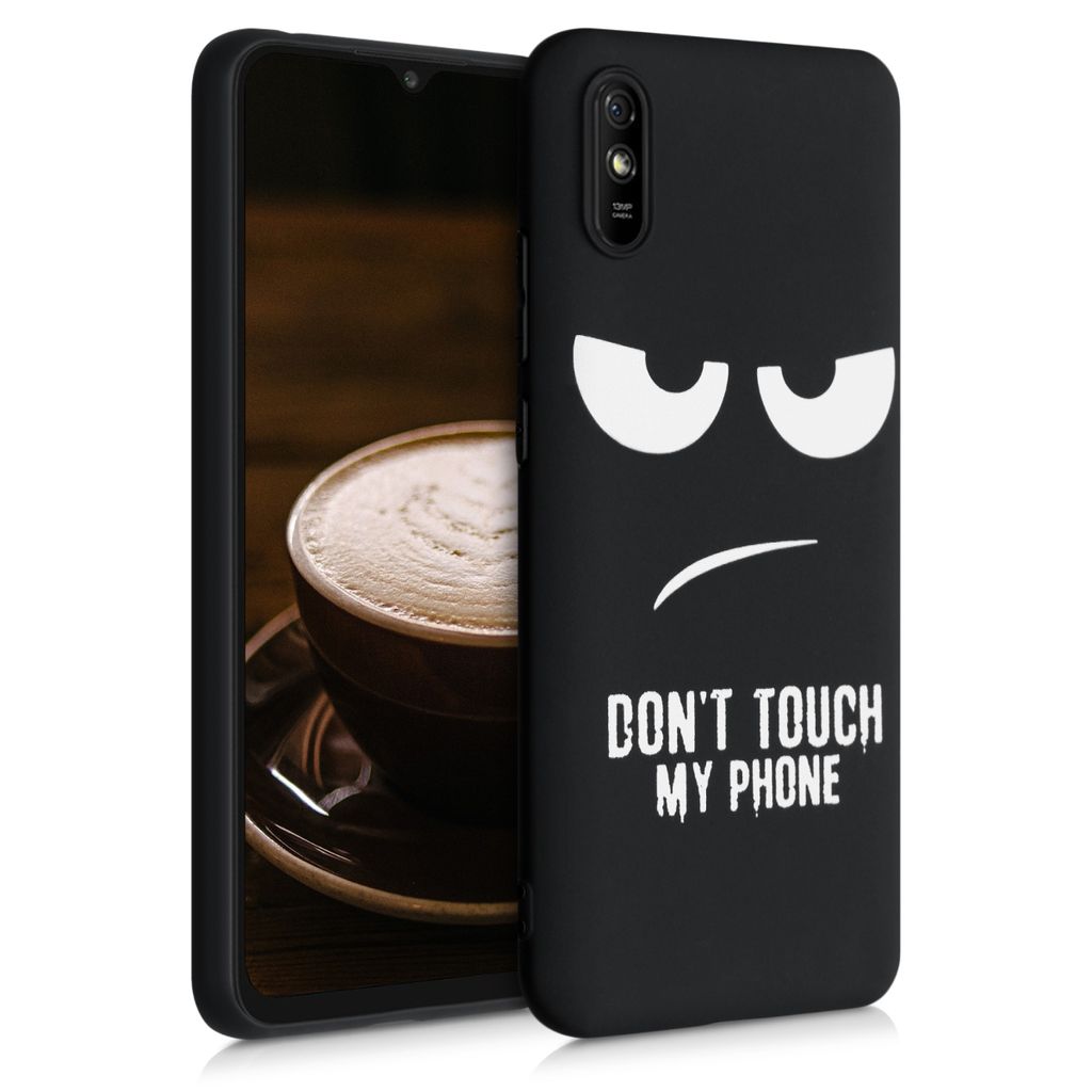 kwmobile Hülle kompatibel mit Xiaomi Redmi 9A / 9AT - Handyhülle Silikon Case - Don't touch my Phone Weiß Schwarz