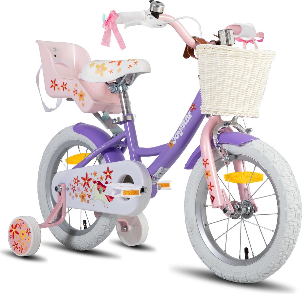 HILAND Joystar 16 Zoll Kinderfahrräder Mädchen mit Puppensitz, Stützräder, Korb, Schutzbleche, V-Brake-Bremsen, Lila
