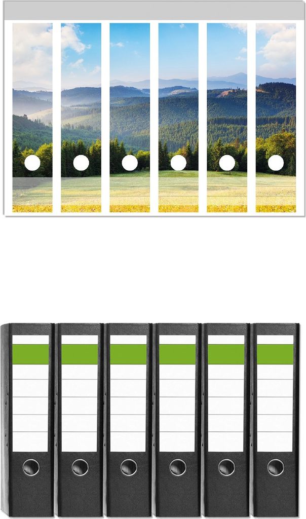 Wallario 6 Stück breite Ordner inkl. Klebeetiketten mit Motive Berglandschaft im Gebirge unter blauem Himmel - Set mit Rückenschildern / Ordnerr...
