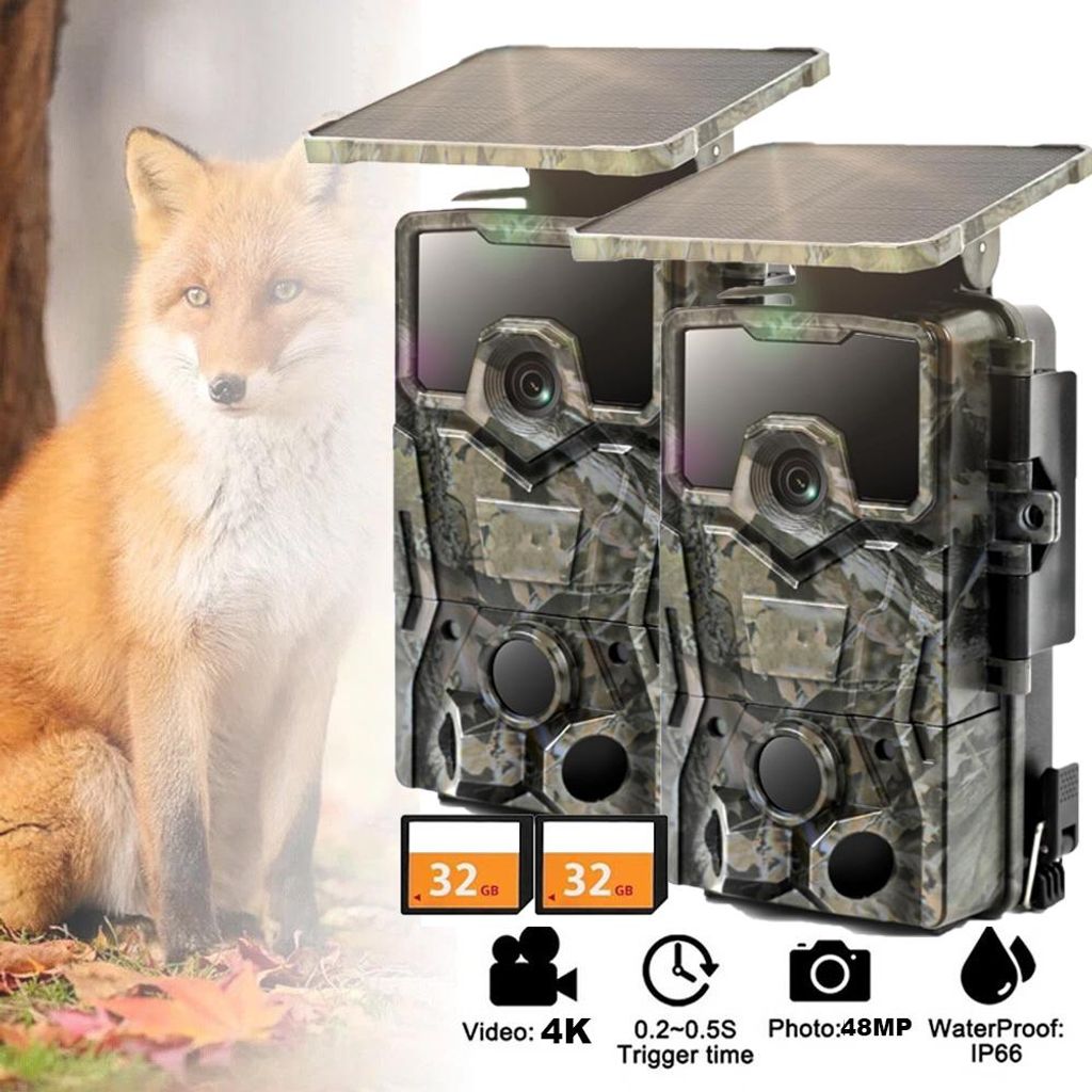 2 Stück Wildkamera Wildtierkamera 4K 48P WLAN Solar Wildkamera mit 2600mAh Akku & Bewegungsmelder Nachtsicht 0,2s Auslösezeit Inklusive 32GB Karte