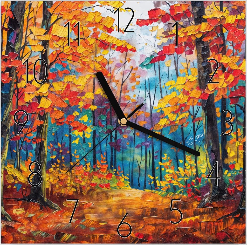 Wanduhr aus Glas mit Motiv Herbstwald Pfad- 30 x 30 cm - inkl. Aufhängesystem