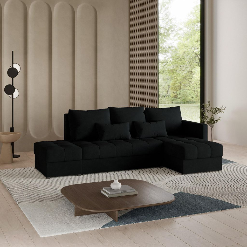 Masseno Ecksofa LUMARI R-S mit Schlaffunktion L-Form, Sofa mit Bettkasten, Wohnzimmersofa, Couch, Soffa, Bettsofa, Couchgarnitur- Schwarz, KRONOS 07