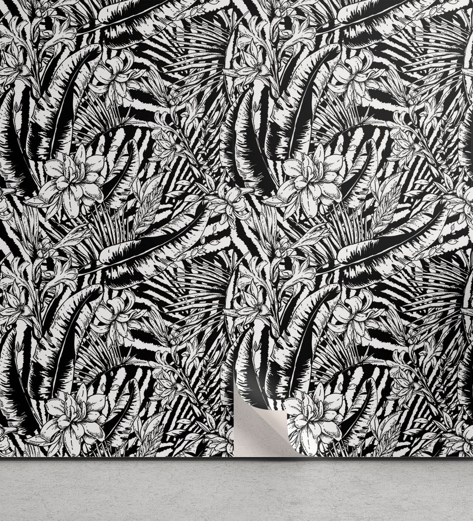 ABAKUHAUS Schwarzweiss-Blumen abziehbare & klebbare Tapete für Zuhause, Urwald, selbstklebendes Wohnzimmer Küchenakzent, 33 cm x 250 cm, Schwarz ...