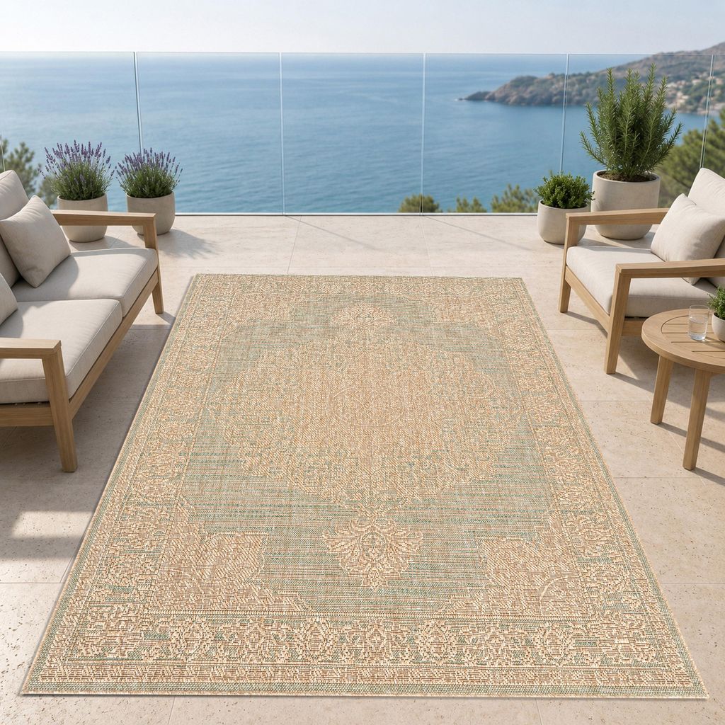 Tappeto verde e marrone con motivo ornamentale, adatto sia Immagine del prodotto 