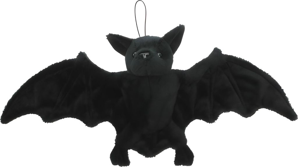 A plush toy bat with outstretched wings against a white background.