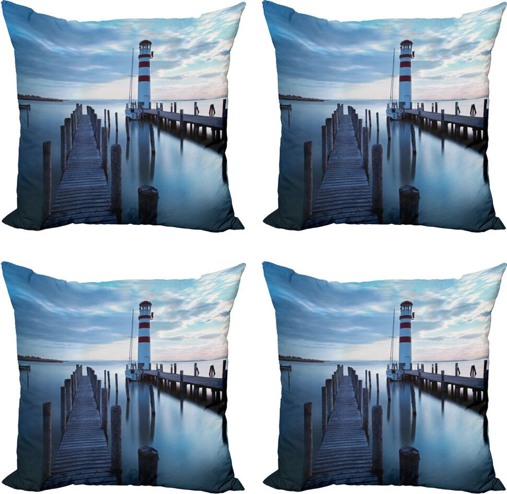 ABAKUHAUS maritim Kissenbezug Set (4 Stück), Leuchtturm Meer bei Sonnenaufgang, Moderner Doppelseitiger Digitaldruck, 40 cm x 40 cm, Dark Brown-Sc...